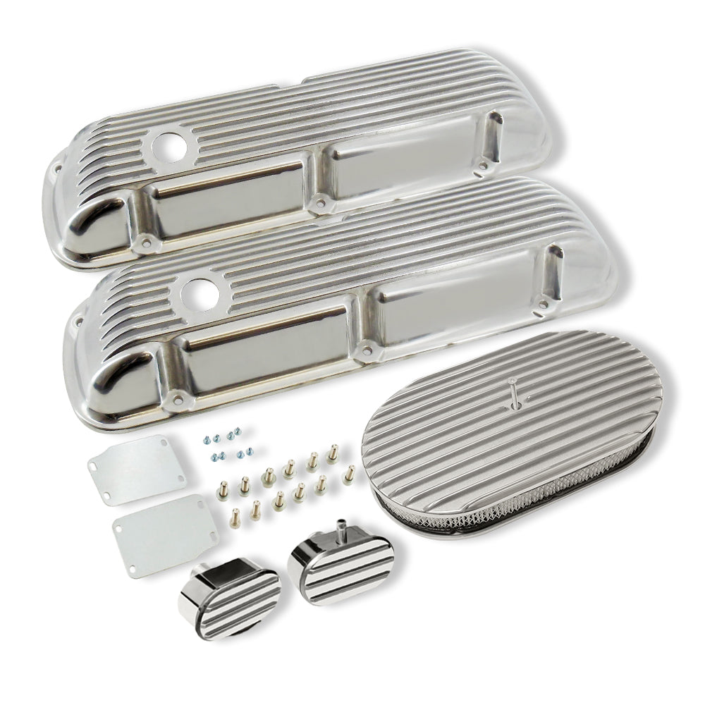 Finned Polished Aluminum Short Valve Covers for SBF 289 302 351W with 12" x 2" Full Finned Air Cleaner and Breather Caps