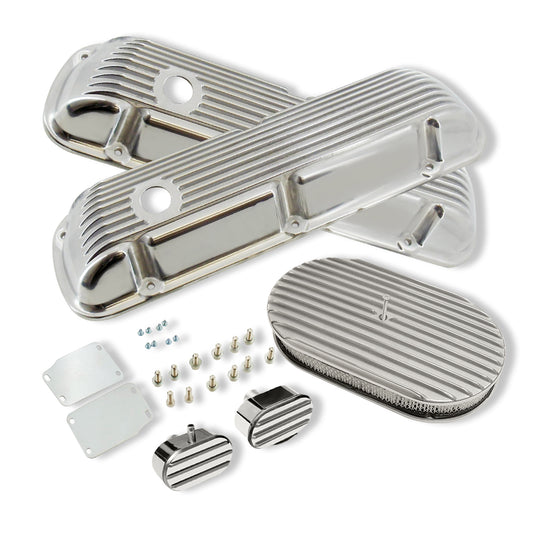 Finned Polished Aluminum Short Valve Covers for SBF 289 302 351W with 12" x 2" Full Finned Air Cleaner and Breather Caps