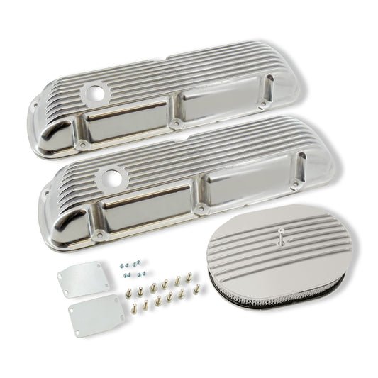 Finned Polished Aluminum Short Valve Covers for SBF 289 302 351W & 12x2" Oval Partial Finned Air Cleaner Dress Up Kit
