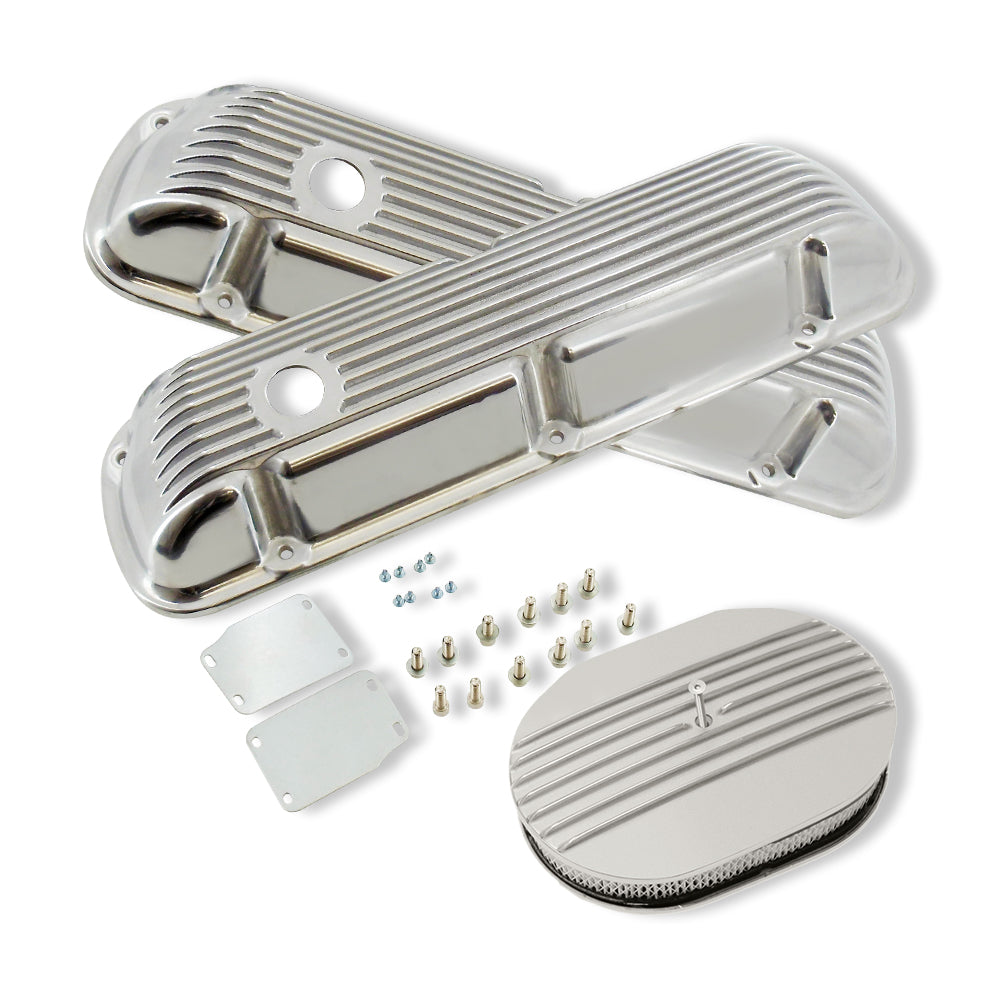 Finned Polished Aluminum Short Valve Covers for SBF 289 302 351W & 12x2" Oval Partial Finned Air Cleaner Dress Up Kit