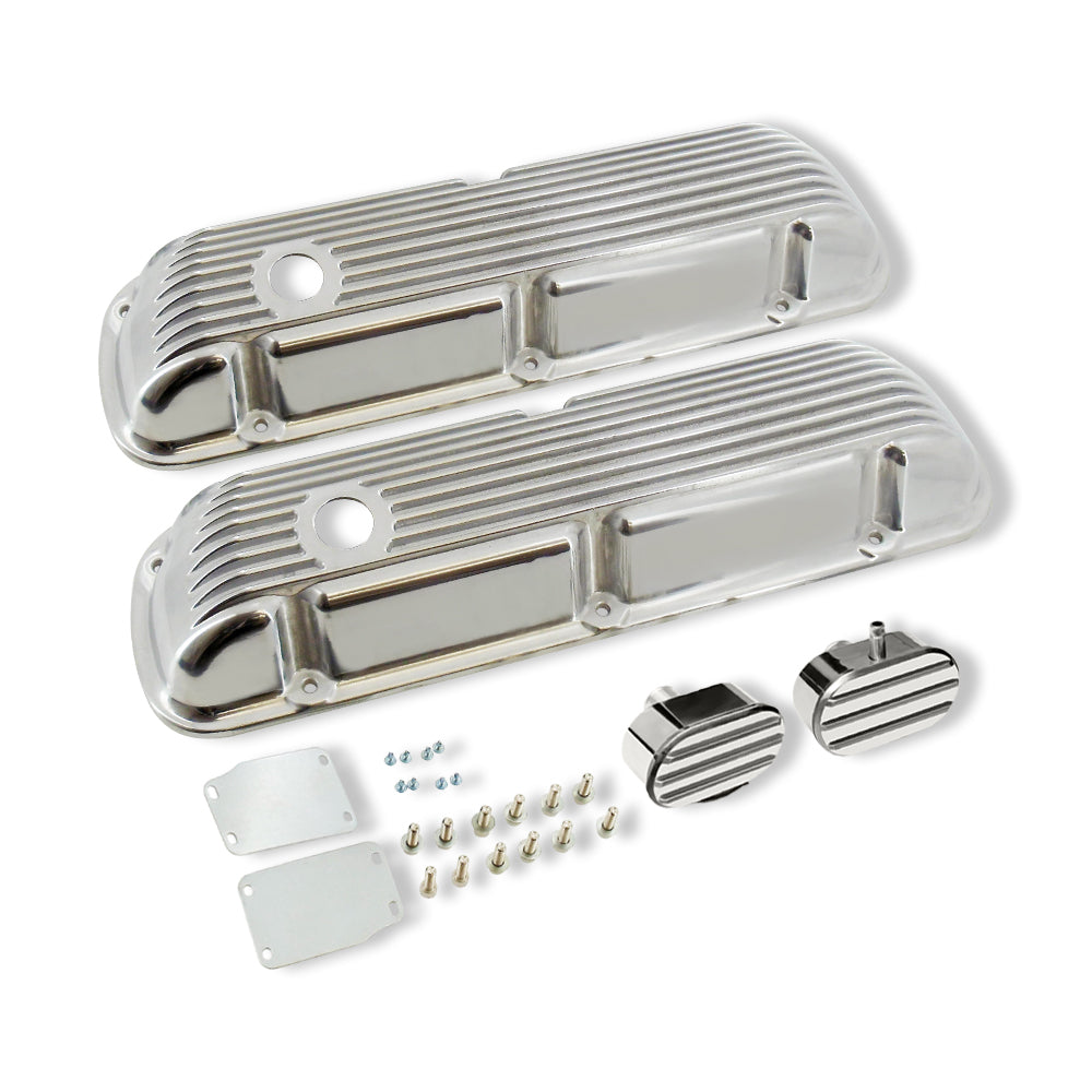 SBF Ford Finned Polished Aluminum Valve Cover Kit with Breathers for 289 302 351W