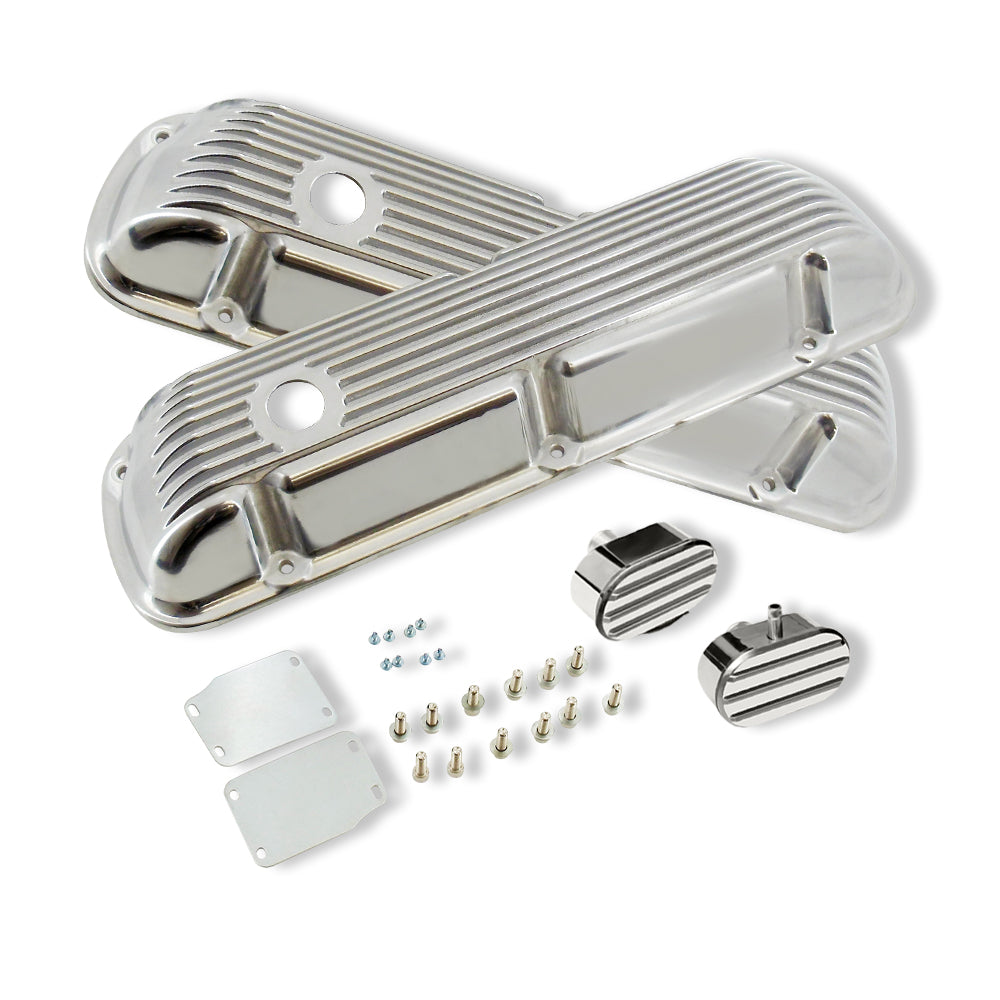 SBF Ford Finned Polished Aluminum Valve Cover Kit with Breathers for 289 302 351W