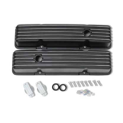 For 1958-86 SBC Chevy 350 Retro Tall Valve Covers w/ Hole Finned Black Aluminum