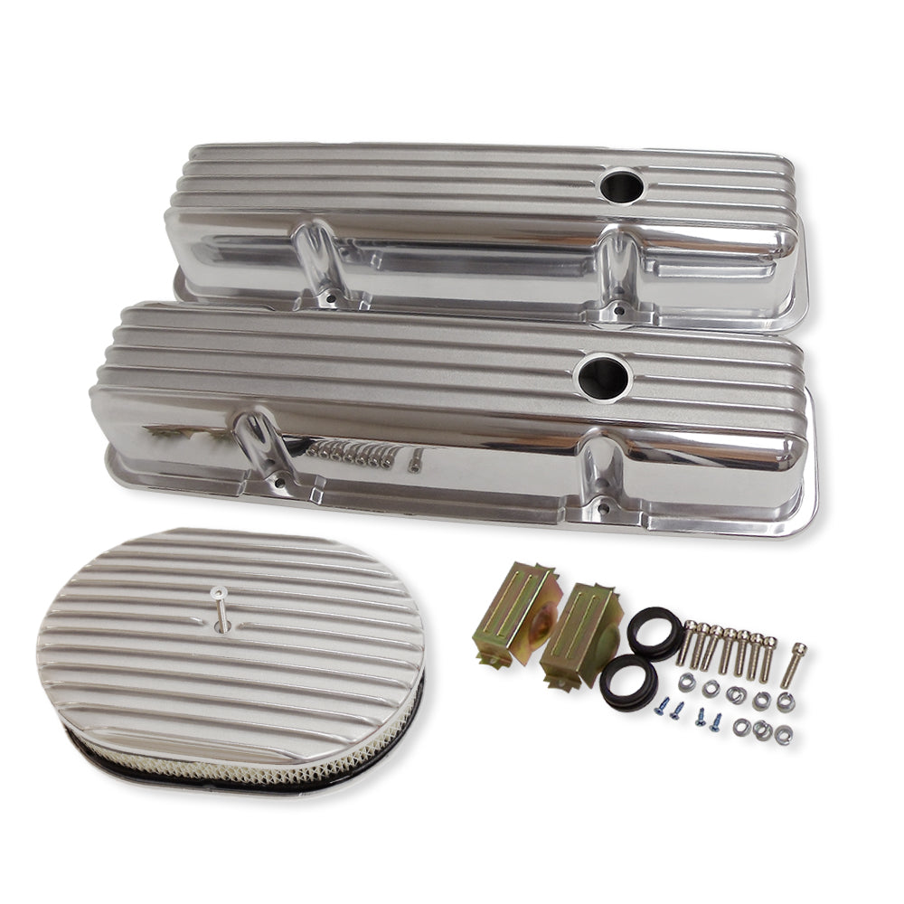 For 1958-86 SBC Chevy 350 Finned Tall Valve Covers & 12" Oval Air Cleaner Kit