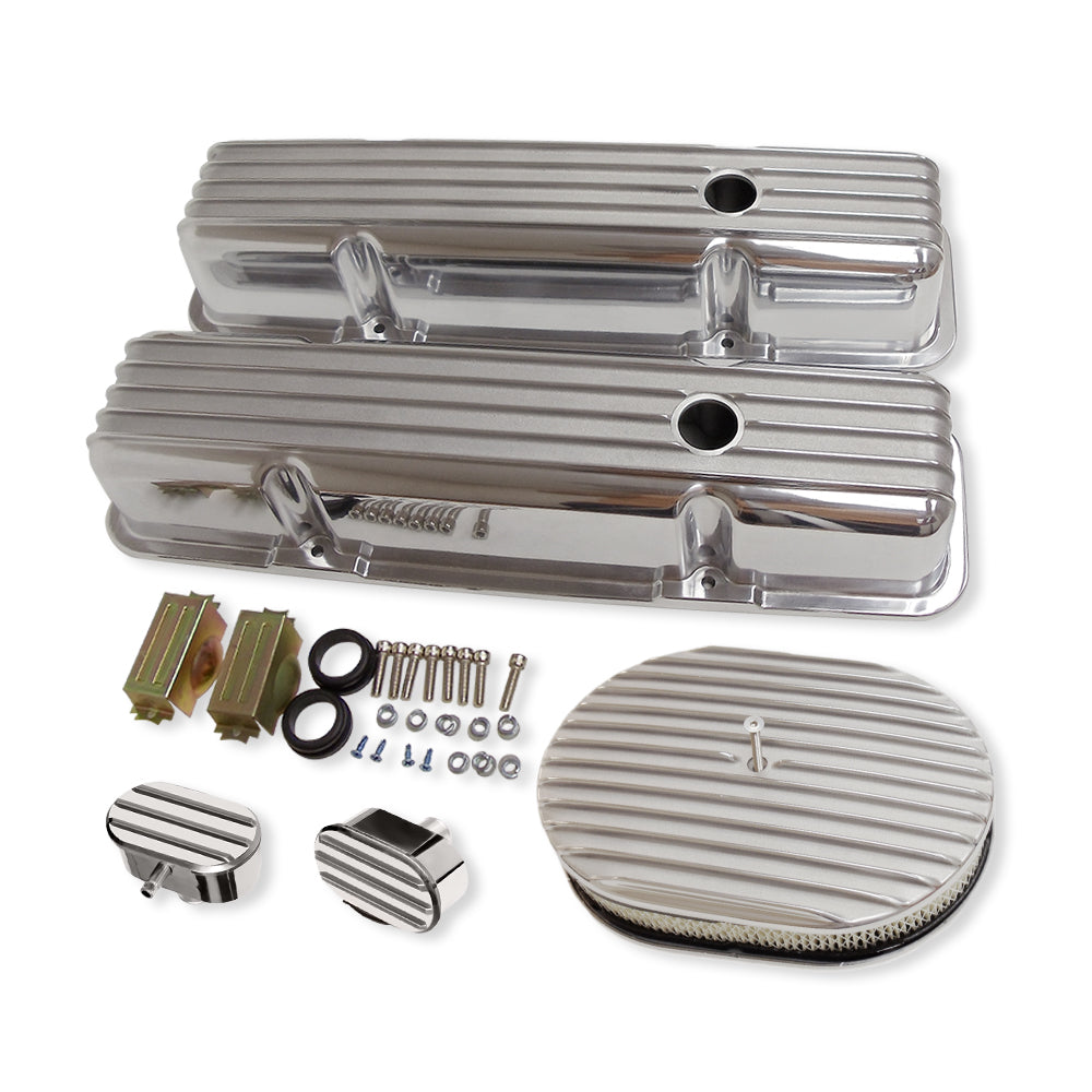 For 58-86 SBC Chevy Finned Tall Valve Covers & 12" Air Cleaner & Breather Kit