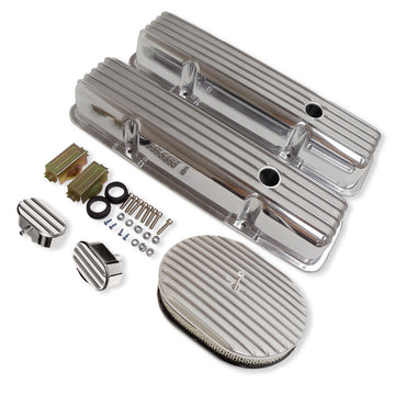 For 58-86 SBC Chevy Finned Tall Valve Covers & 12" Air Cleaner & Breather Kit