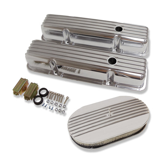 1958-86 Chevy Polished Aluminum Finned Tall Valve Covers & 15" Air Cleaner Kit SBC 350