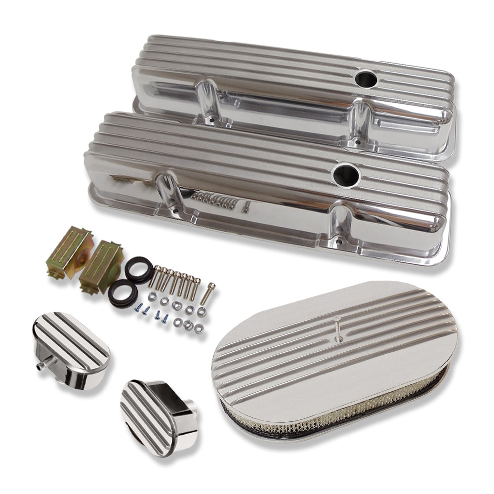 1958-86 Chevy Polished Aluminum Finned Tall Valve Covers & 15" Air Cleaner Kit SBC 350 with Breathers