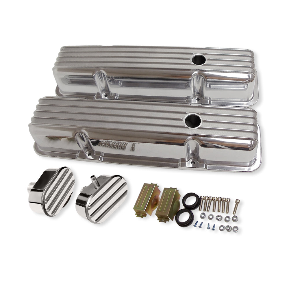 Finned Tall Polished Aluminum Valve Covers 58-86 SBC 327 350 400 with Breather Caps, One With PCV Notalgic
