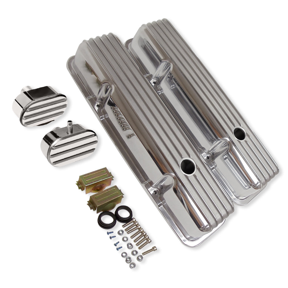 Finned Tall Polished Aluminum Valve Covers 58-86 SBC 327 350 400 with Breather Caps, One With PCV Notalgic