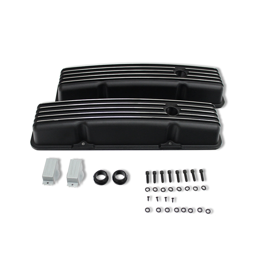 Black Finned Polished Aluminum Short Valve Covers For SBC Chevy 283 305 327 350