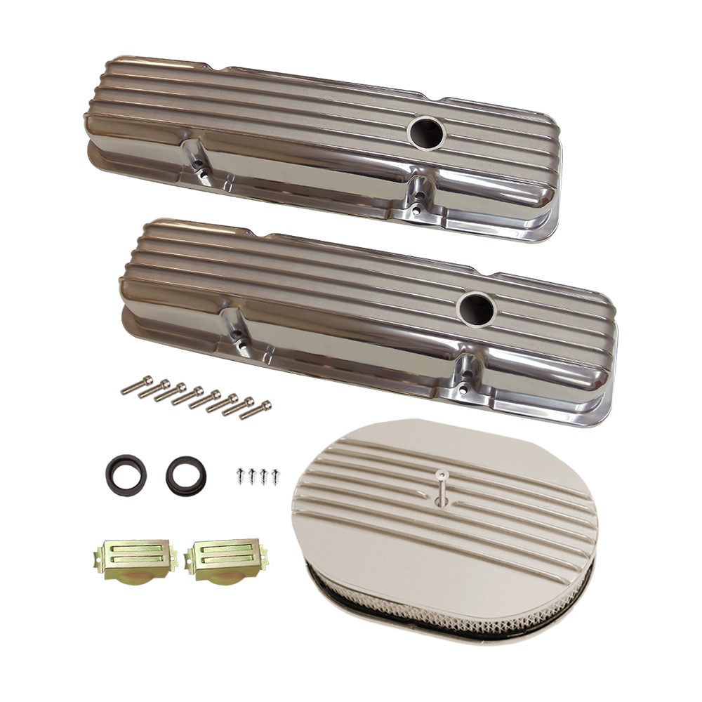 SBC Chevy 283 350 Short Polished Aluminum Valve Covers & 12" Air Cleaner Filter Mopar GM Hot Rod