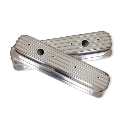 Finned Tall Polished Aluminum Valve Covers for SBC 283 327 350 383 with Breather Caps and Oval Finned Polished Air Cleaner Kit
