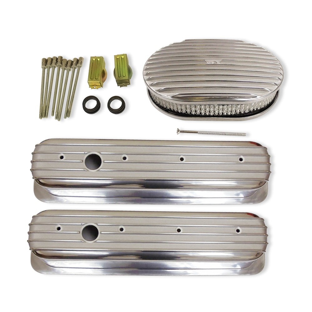 For 1987-UP SBC 350 400 Finned Tall Valve Covers & 12" Oval Air Cleaner Set
