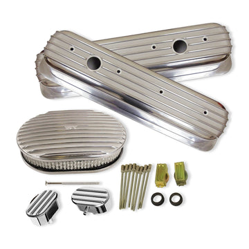 Finned Tall Polished Aluminum Valve Covers for SBC 283 327 350 383 with Breather Caps and Oval Finned Polished Air Cleaner Kit