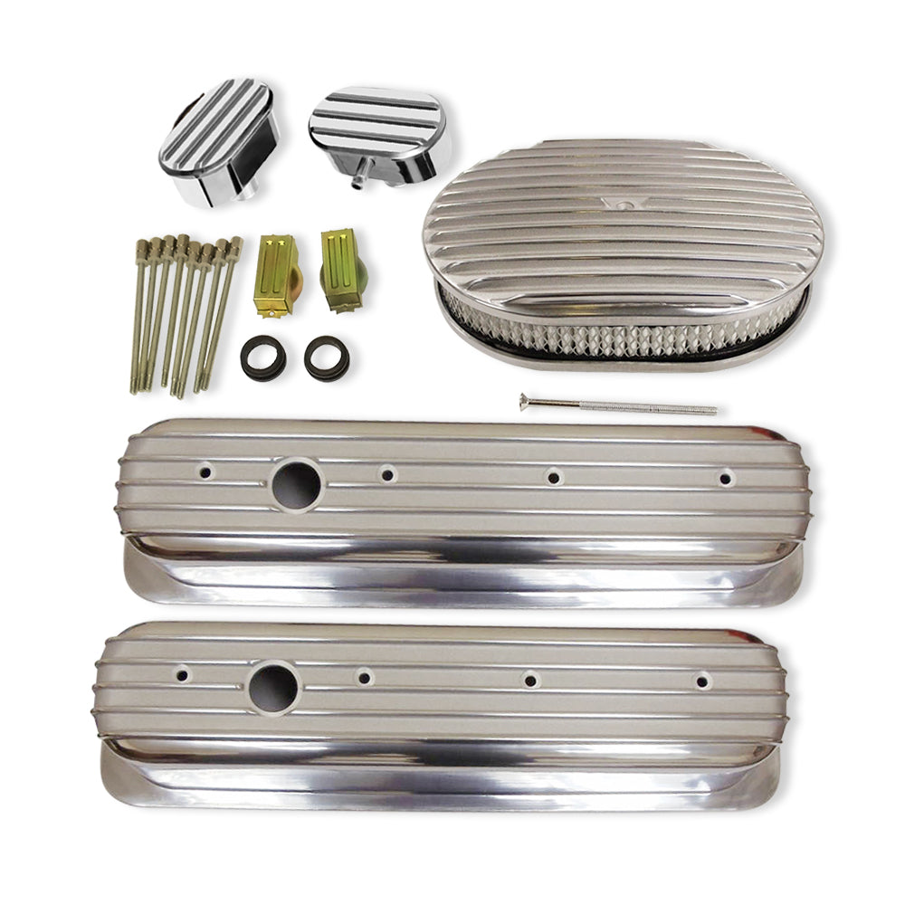 Finned Tall Polished Aluminum Valve Covers for SBC 283 327 350 383 with Breather Caps and Oval Finned Polished Air Cleaner Kit