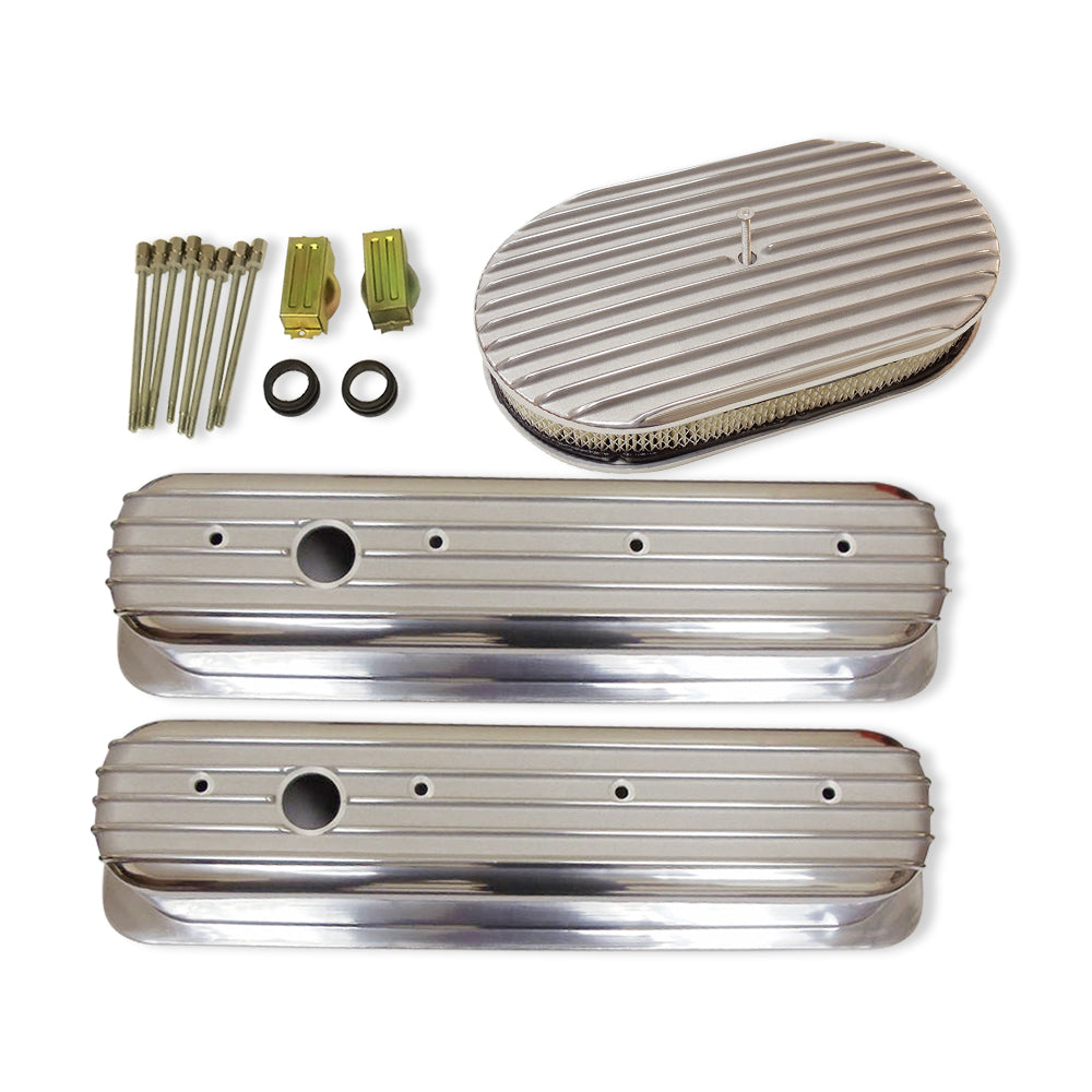 Finned Tall Polished Alum Valve Covers Center Bolt For 1986-UP SBC 350 400 with Full Finned 15" x 3" Air Cleaner