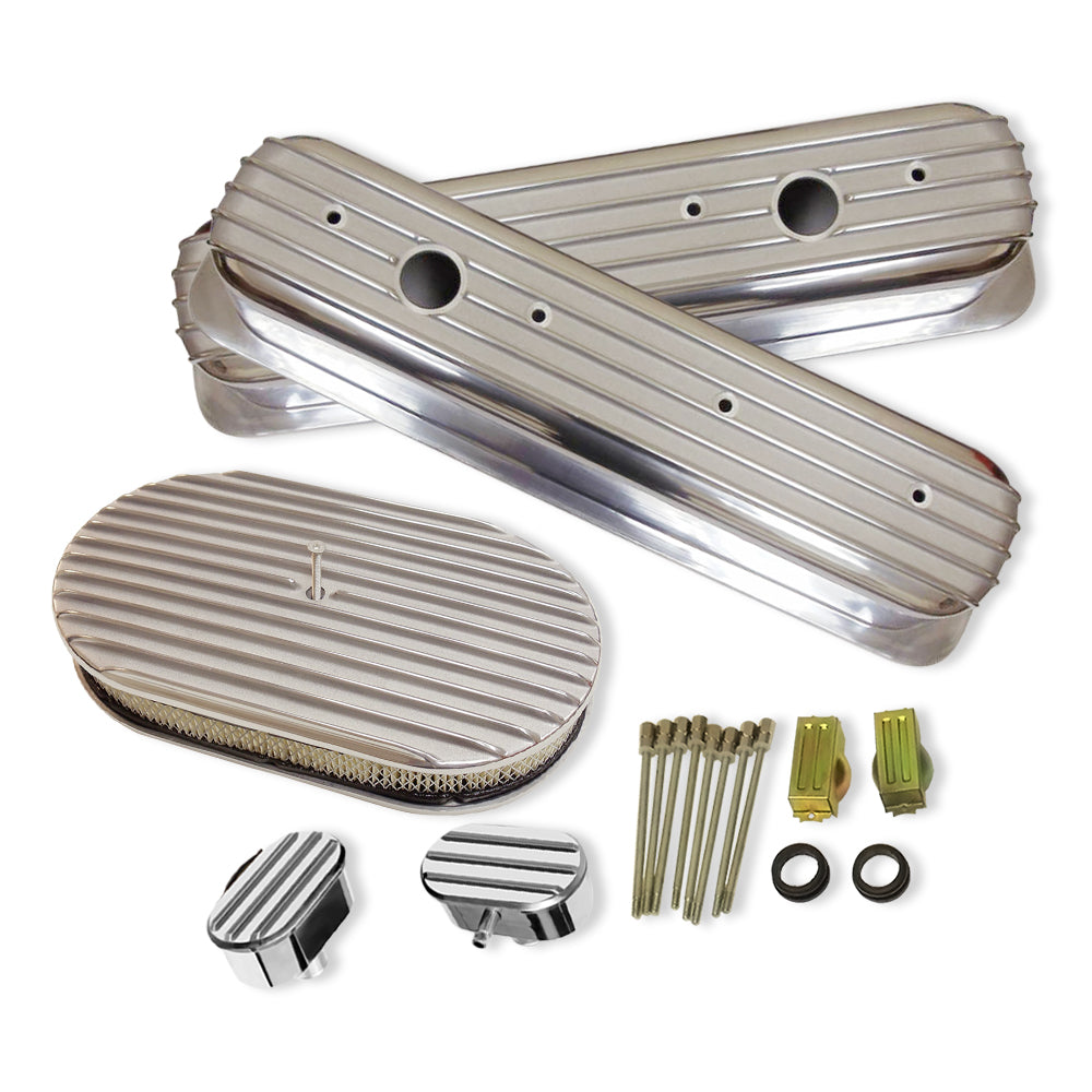 Polished Finned Valve Covers For Chevy 350 & Full Finned 15" Air Cleaner Dress Up Kit with Breathers