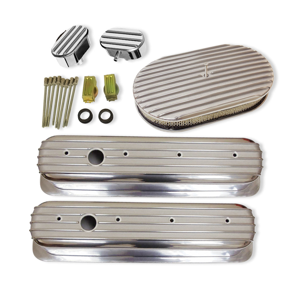 Polished Finned Valve Covers For Chevy 350 & Full Finned 15" Air Cleaner Dress Up Kit with Breathers