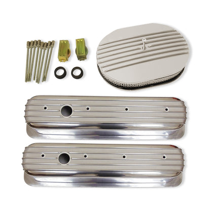 Finned Tall Polished Aluminum Valve Covers for SBC 283 327 350 383 with Oval Half Finned Polished Air Cleaner Filter Kit