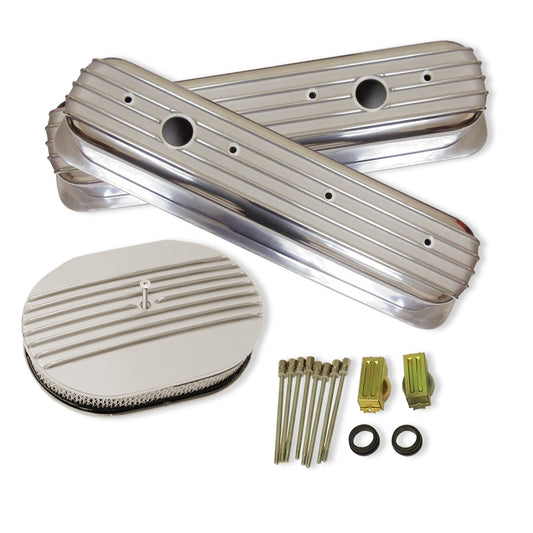 Finned Tall Polished Aluminum Valve Covers for SBC 283 327 350 383 with Oval Half Finned Polished Air Cleaner Filter Kit