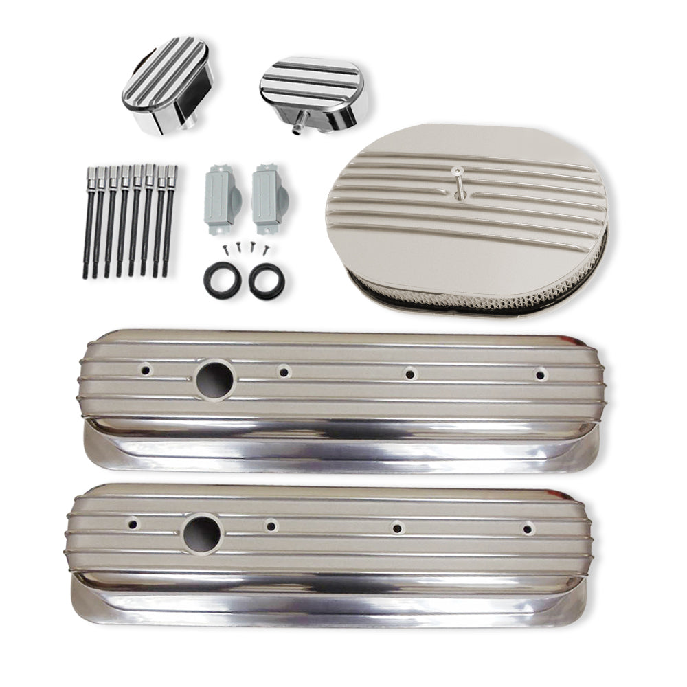 Finned Tall Polished Aluminum Valve Covers for SBC 283 327 350 383 with Breather Caps and Oval Half Finned Polished Air Cleaner Kit