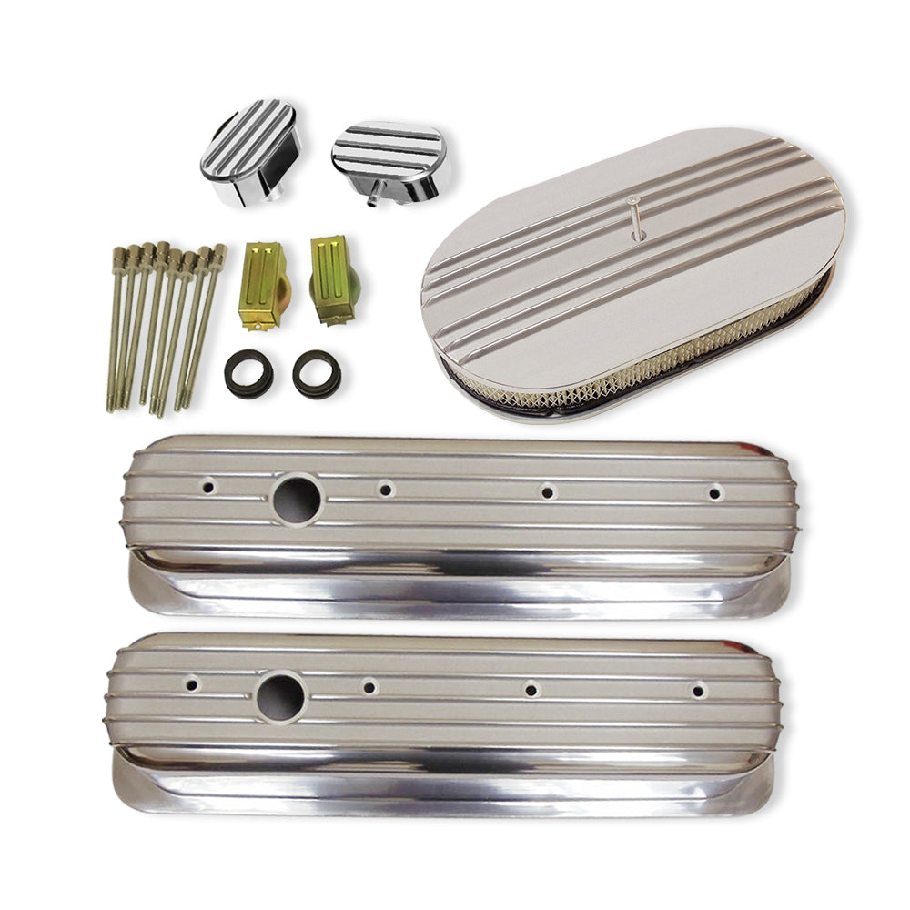 Chevy 350 Retro Half/Partial Finned Vortec & TBI Valve Covers Air Cleaner Dress Up Kit with Breathers