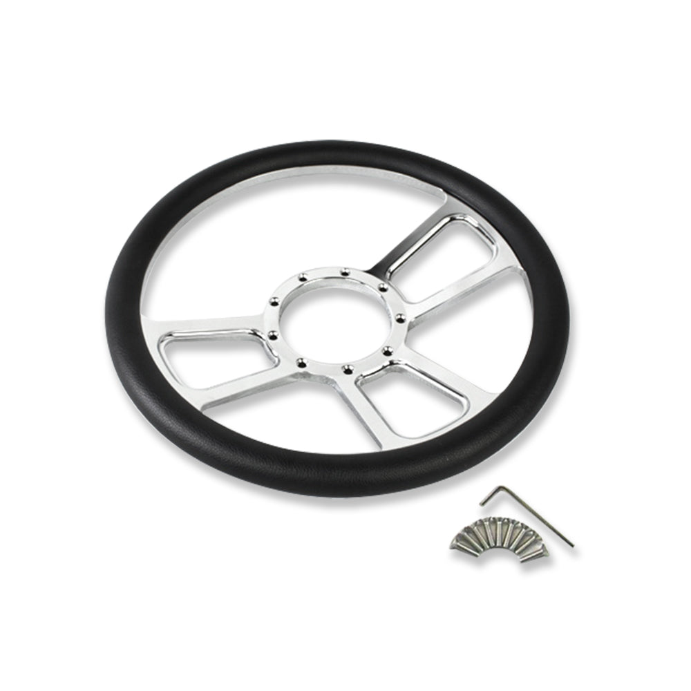14" Chrome Split Tri Spoke Style Steering Wheel w/Half Wrap Black Leather
