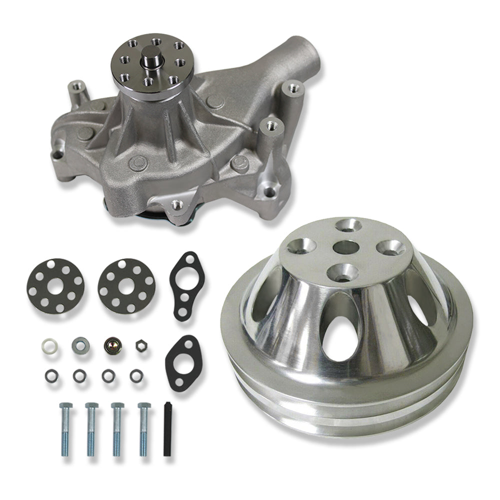 Aluminum Satin SBC Chevy 350 Chevrolet Long Water Pump +2 Groove LWP Pulley