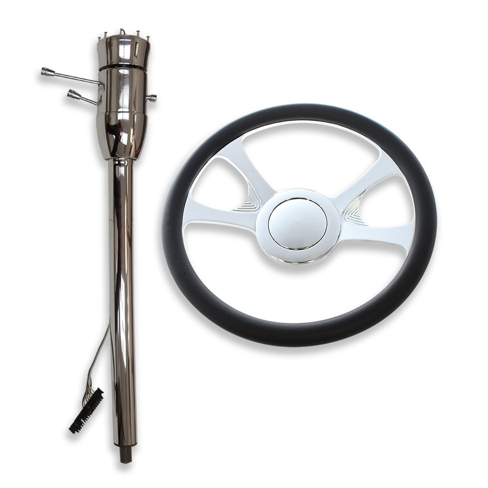 Chrome 14" Billet Steering Wheel & Manual Column 32"GM w/Adapter & Smooth Horn Button