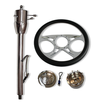 Chrome 28" Tilt Manual Steering Column w/Adapter No Key & 14" Steering Wheel Kit