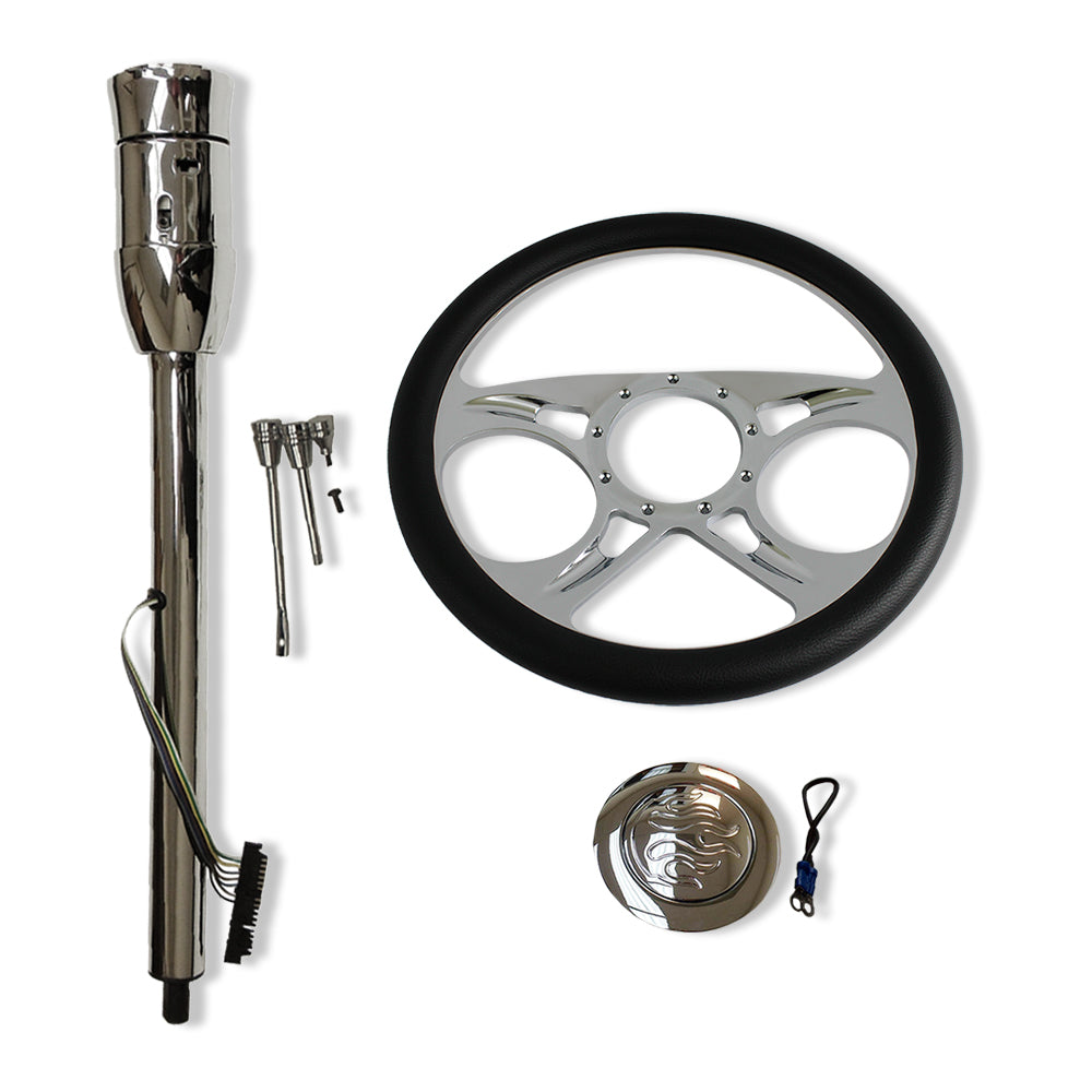 30" Manual Steering Column w/adapter +14" Steering Wheel+Flamed Horn Button